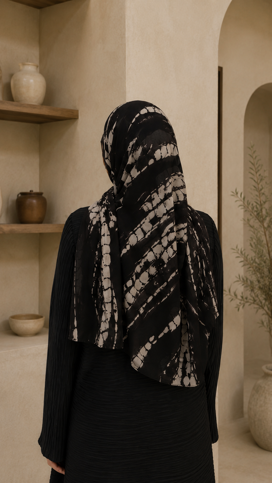 RY83 Black White Tie Dye Shibori Hijab Shawl – Abstract Spot Women's Head Scarf (80×180cm)