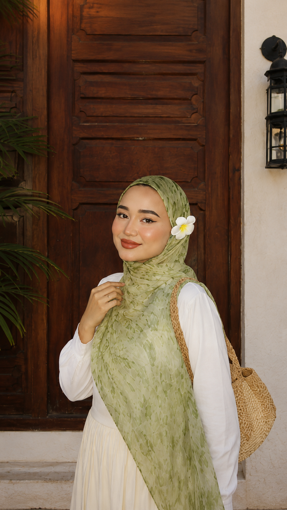 RY84 Olive Green Moss Leaf Speckle Hijab Shawl – Nature Print Women's Head Scarf (80×180cm)