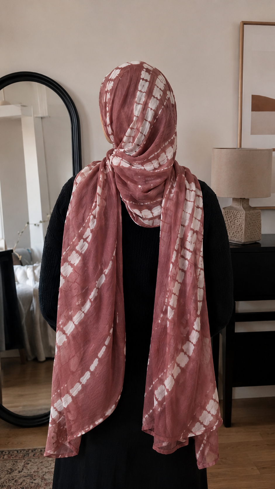 RY97 Rose Brown Gold Diamond Shibori Hijab Shawl – Tie Dye Women's Head Scarf (80×180cm)