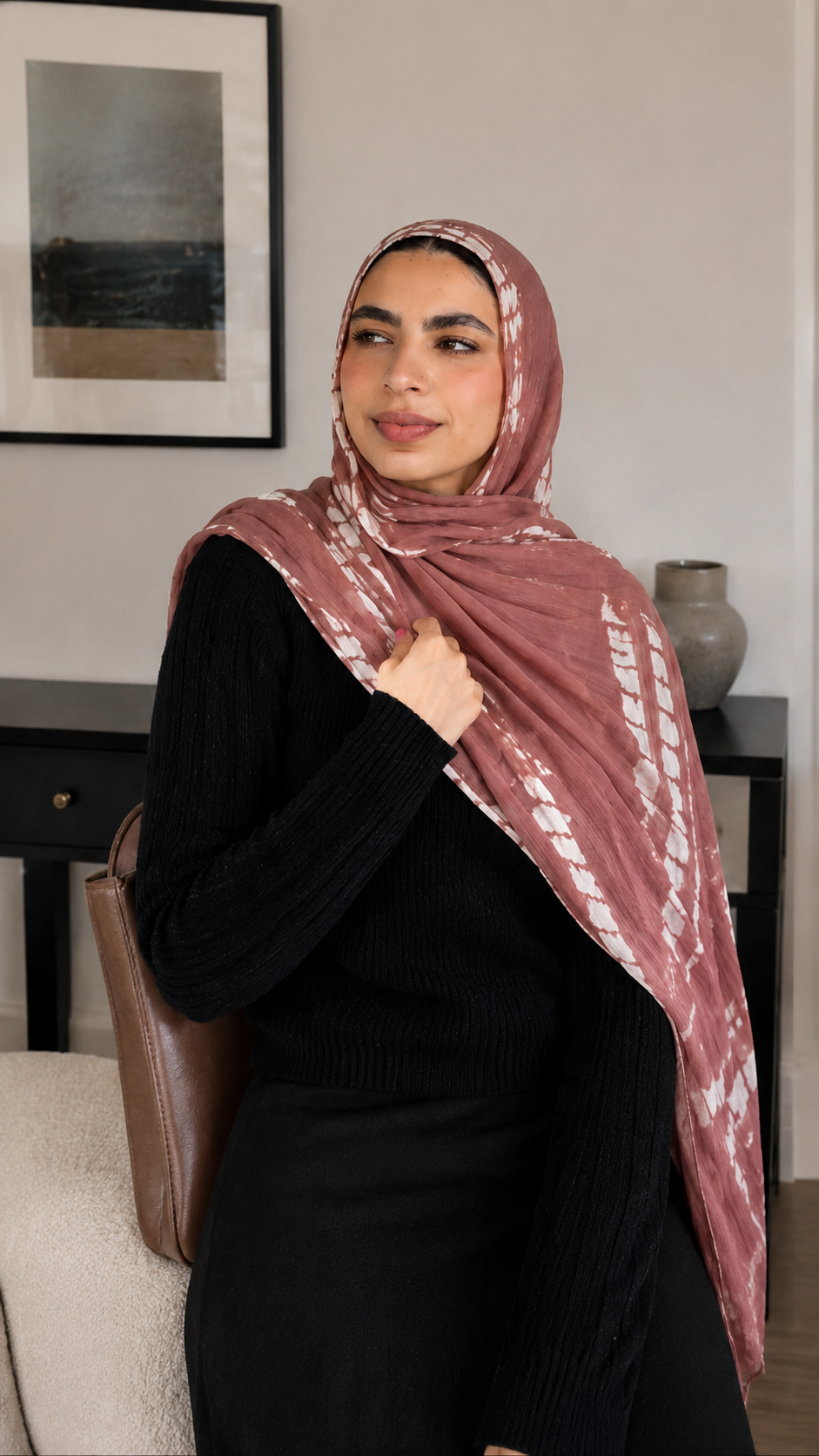 RY97 Rose Brown Gold Diamond Shibori Hijab Shawl – Tie Dye Women's Head Scarf (80×180cm)