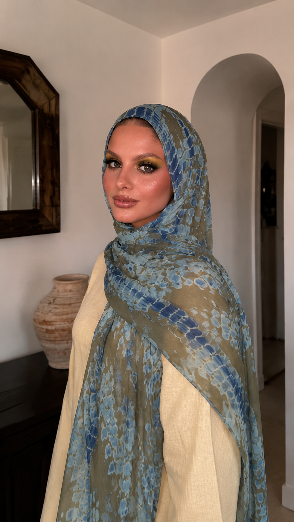 RY99 Olive Green Blue Grey Crackle Net Hijab Shawl – Shibori Texture Women's Head Scarf (80×180cm)