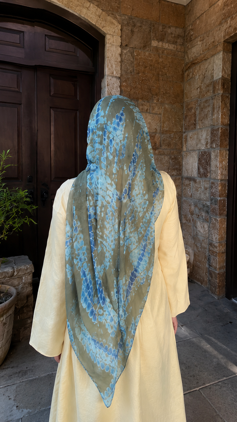 RY99 Olive Green Blue Grey Crackle Net Hijab Shawl – Shibori Texture Women's Head Scarf (80×180cm)