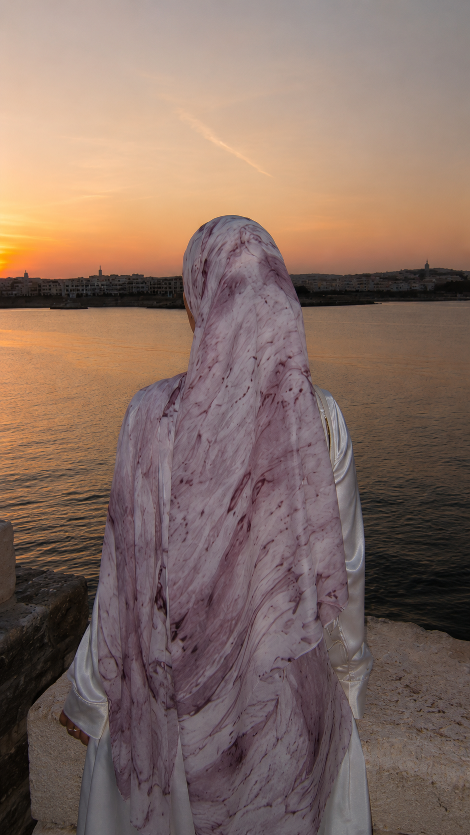 RY102 White Lavender Marble Ink Hijab Shawl – Floral Watercolor Women's Head Scarf (80×180cm)