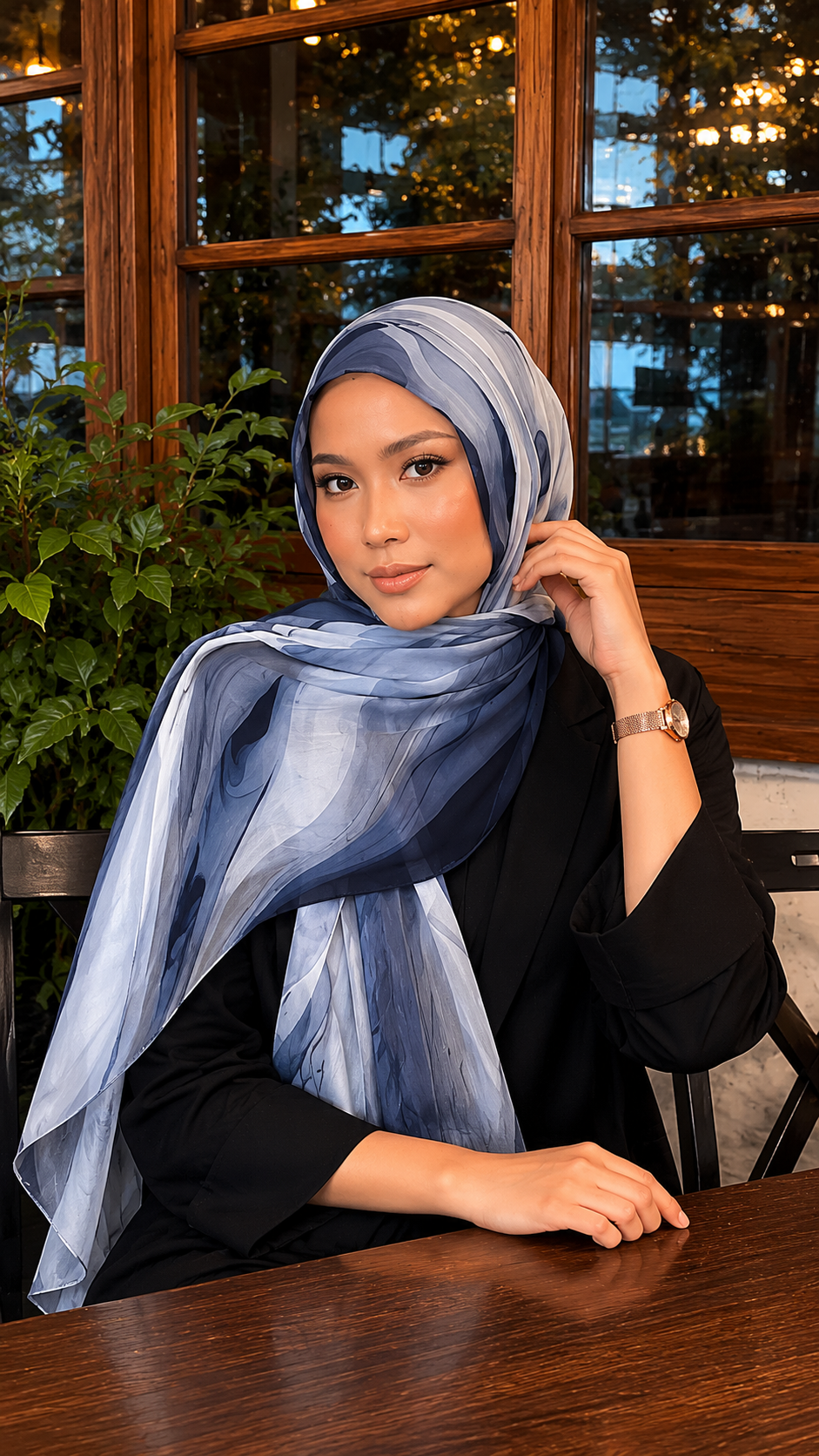 RY103 Navy Blue Grey Cloud Wash Hijab Shawl – Storm Watercolor Women's Head Scarf (80×180cm)
