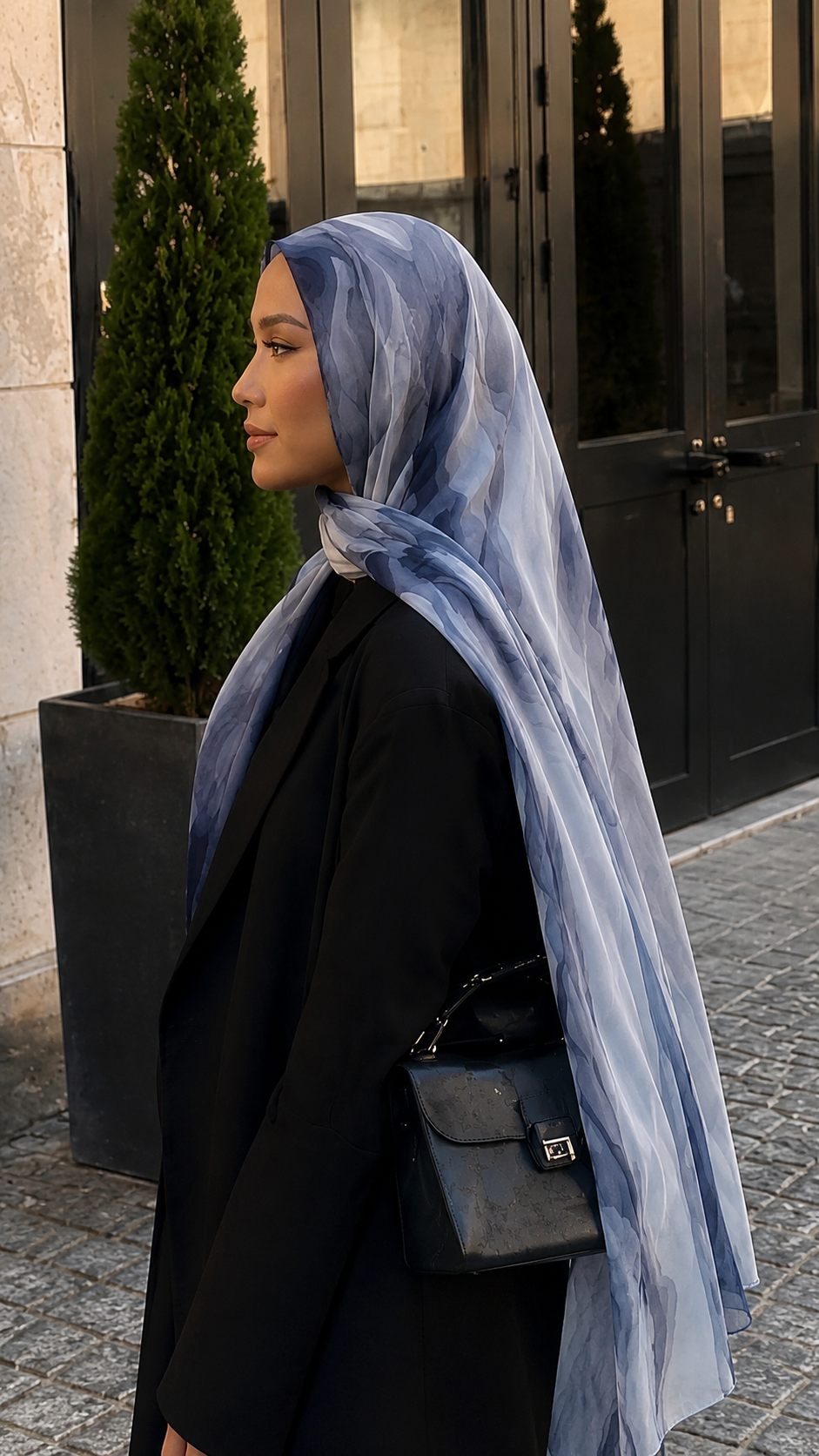 RY103 Navy Blue Grey Cloud Wash Hijab Shawl – Storm Watercolor Women's Head Scarf (80×180cm)