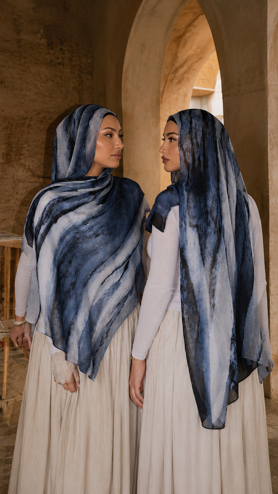 RY107 Denim Blue White Marble Cloud Hijab Shawl – Watercolor Women's Head Scarf (80×180cm)