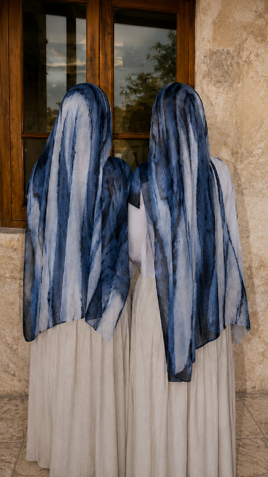 RY107 Denim Blue White Marble Cloud Hijab Shawl – Watercolor Women's Head Scarf (80×180cm)