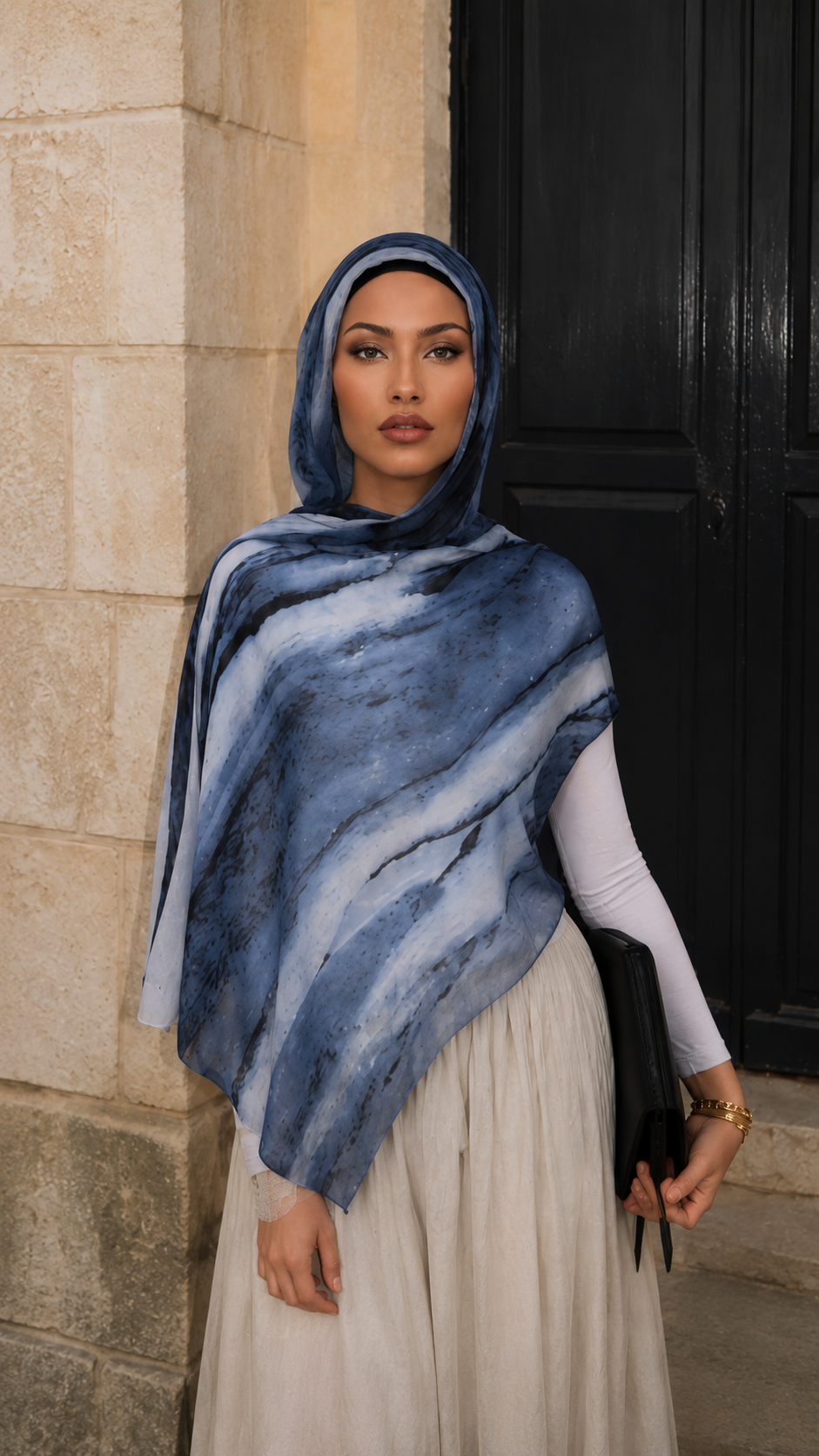 RY107 Denim Blue White Marble Cloud Hijab Shawl – Watercolor Women's Head Scarf (80×180cm)