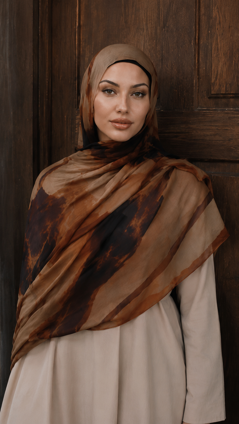 RY113 Camel Brown Black Lava Marble Hijab Shawl – Agate Flow Women's Head Scarf (80×180cm)