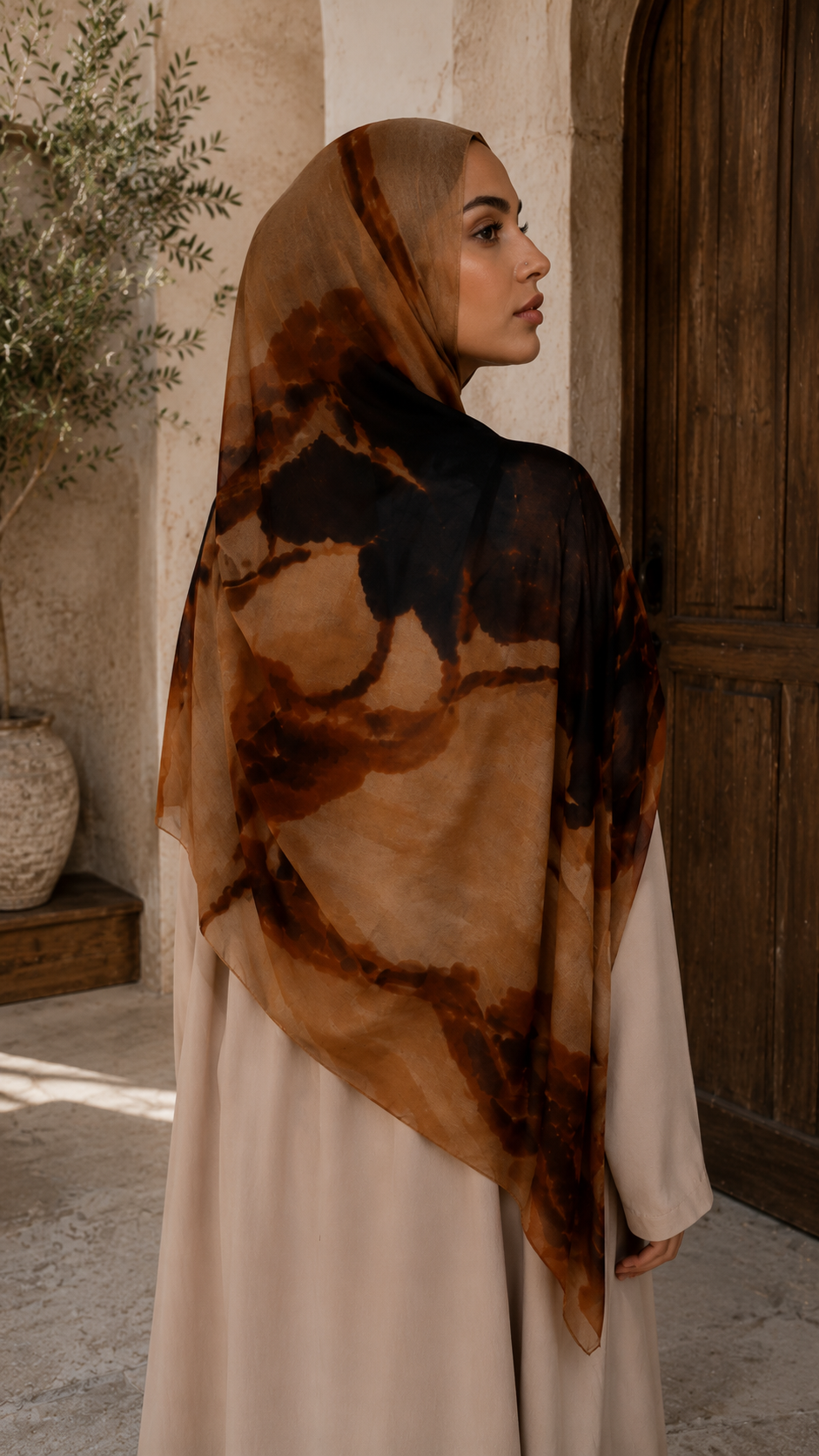 RY113 Camel Brown Black Lava Marble Hijab Shawl – Agate Flow Women's Head Scarf (80×180cm)