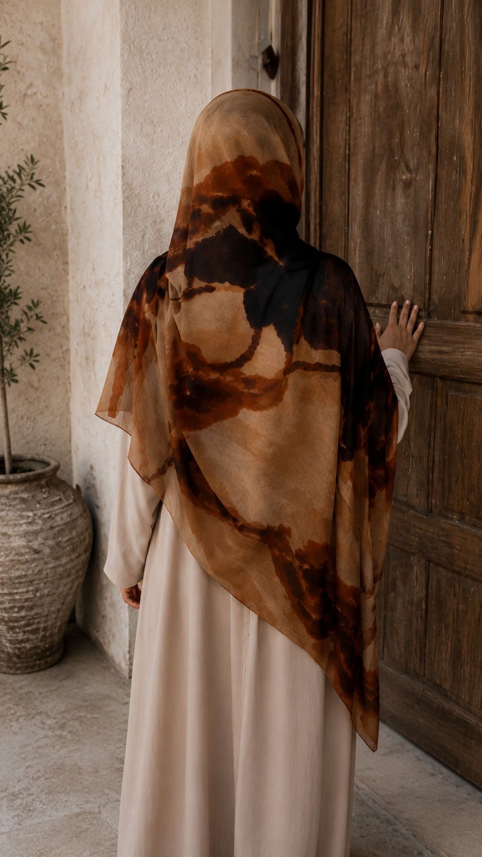 RY113 Camel Brown Black Lava Marble Hijab Shawl – Agate Flow Women's Head Scarf (80×180cm)