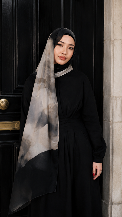 RY109 Taupe Grey Black Ink Cloud Hijab Shawl – Smoke Watercolor Women's Head Scarf (80×180cm)