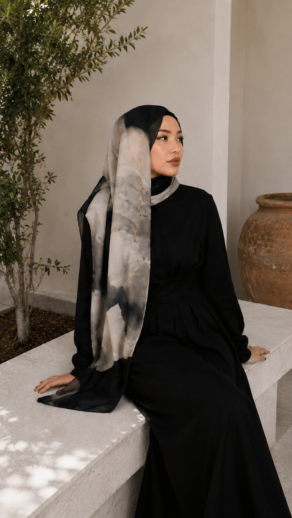 RY109 Taupe Grey Black Ink Cloud Hijab Shawl – Smoke Watercolor Women's Head Scarf (80×180cm)
