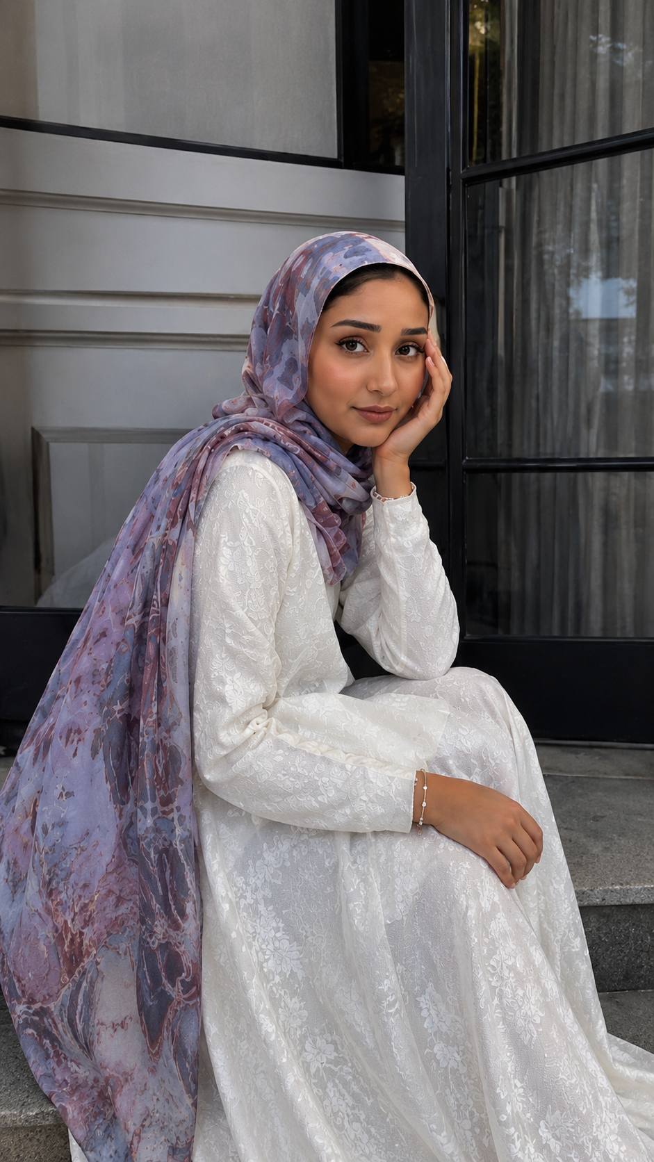 RY112 Lavender Grey Rose Brown Crackle Shibori Hijab Shawl – Women's Head Scarf (80×180cm)