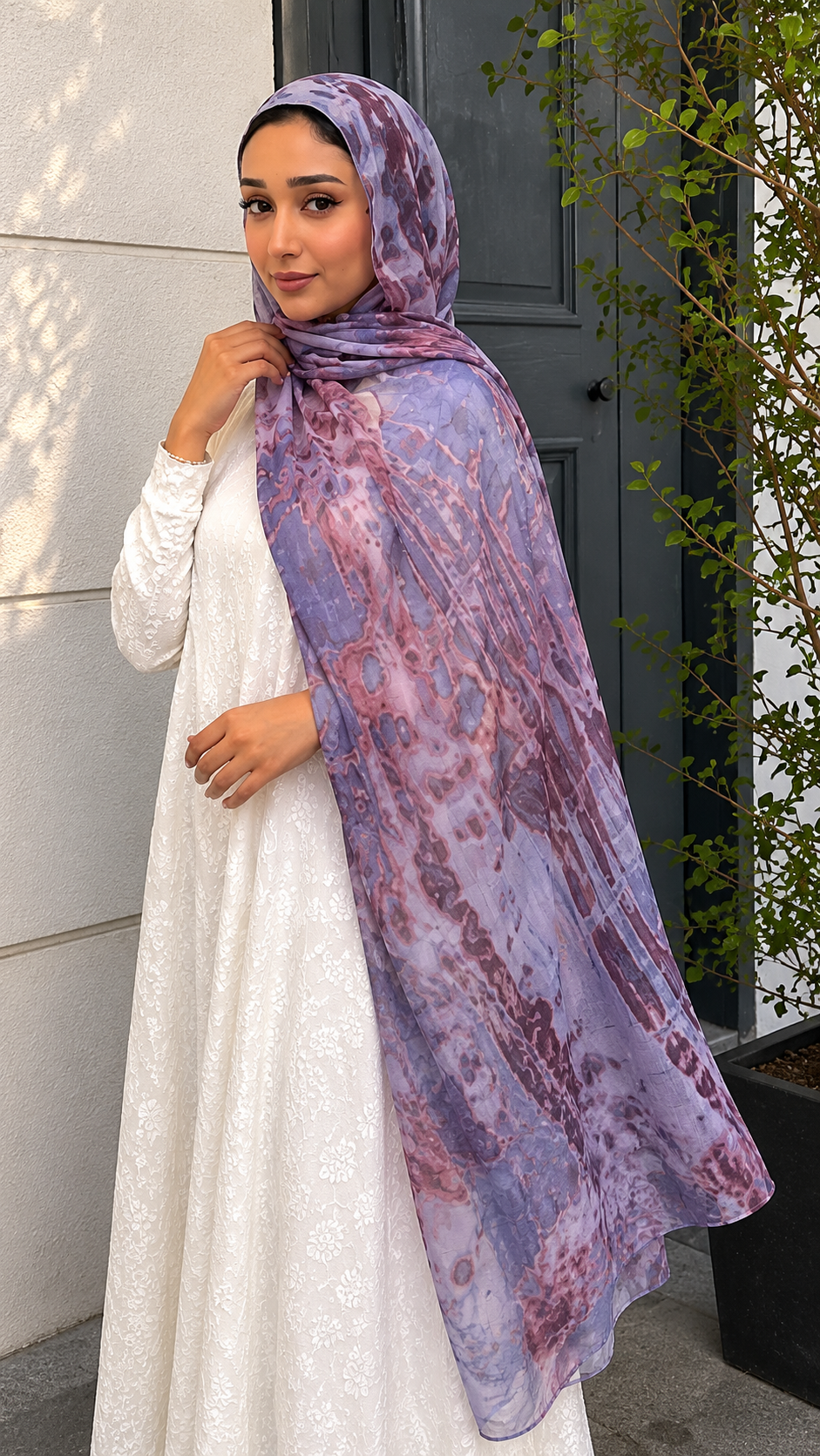 RY112 Lavender Grey Rose Brown Crackle Shibori Hijab Shawl – Women's Head Scarf (80×180cm)