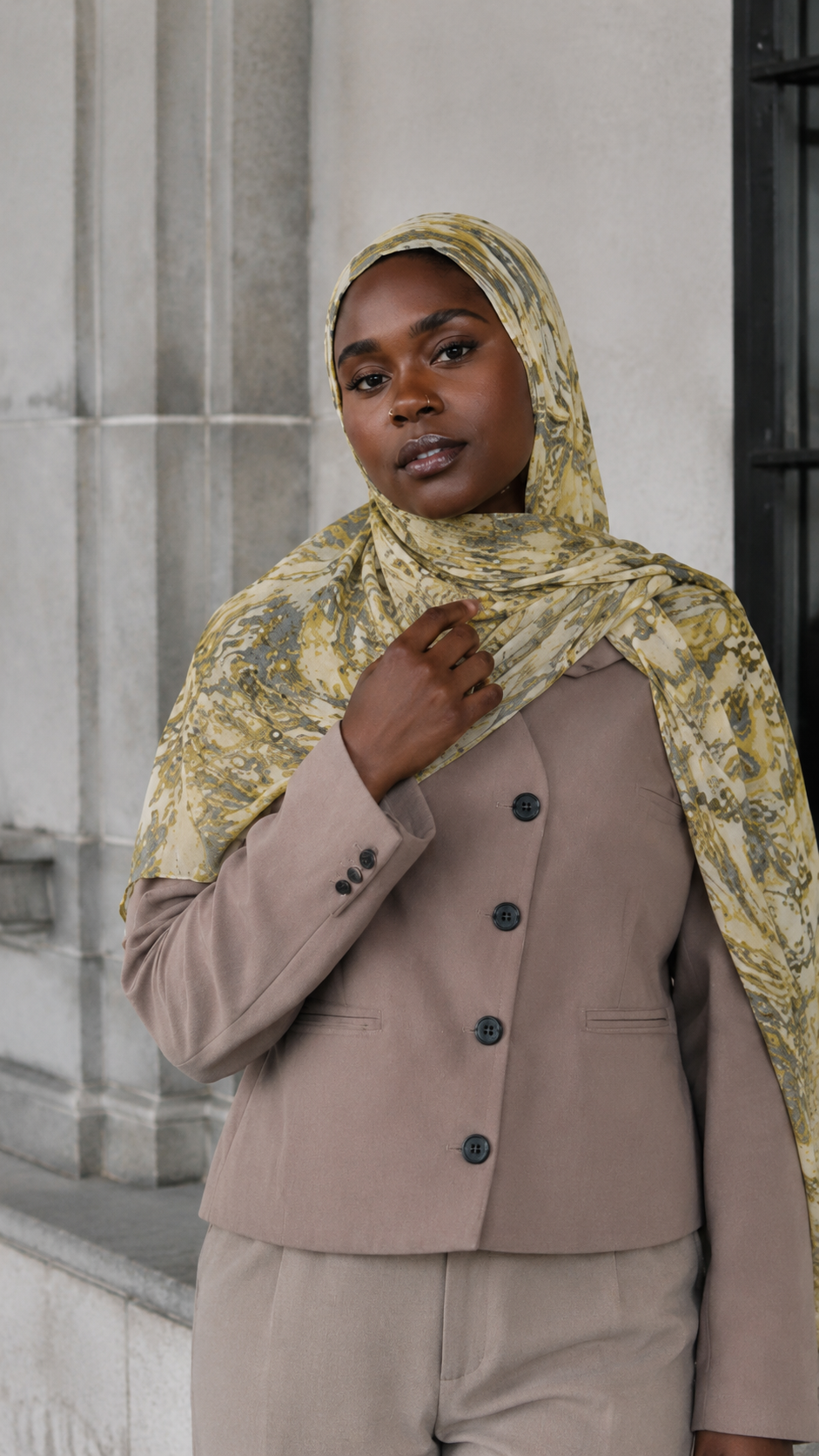 RY115 Cream Olive Green Grey Tiger Eye Marble Hijab Shawl – Women's Head Scarf (80×180cm)