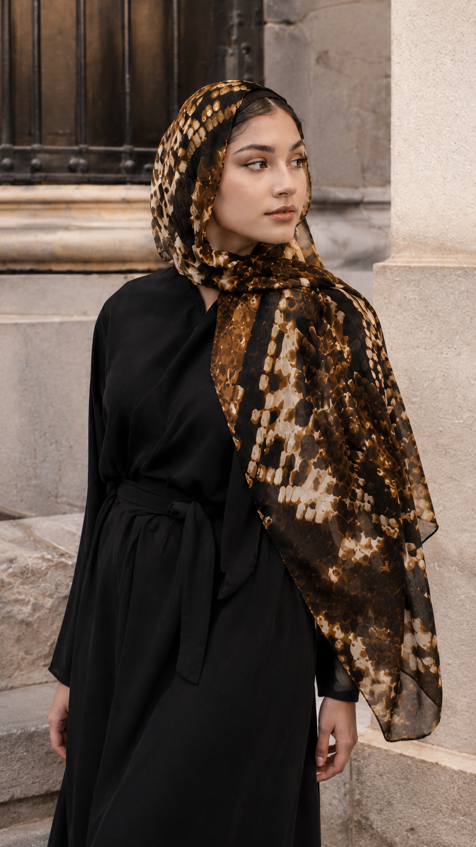 RY116 Black Gold Brown Snakeskin Print Hijab Shawl – Python Women's Head Scarf (80×180cm)