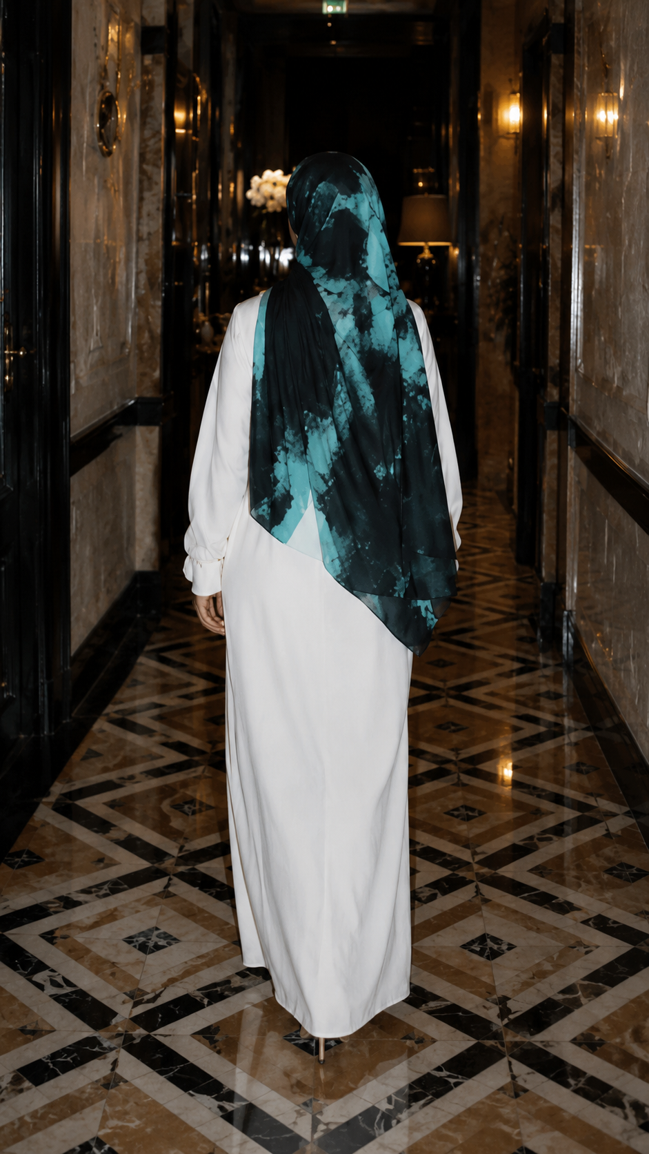 RY118 Navy Blue Teal Aurora Ink Wash Hijab Shawl – Watercolor Women's Head Scarf (80×180cm)