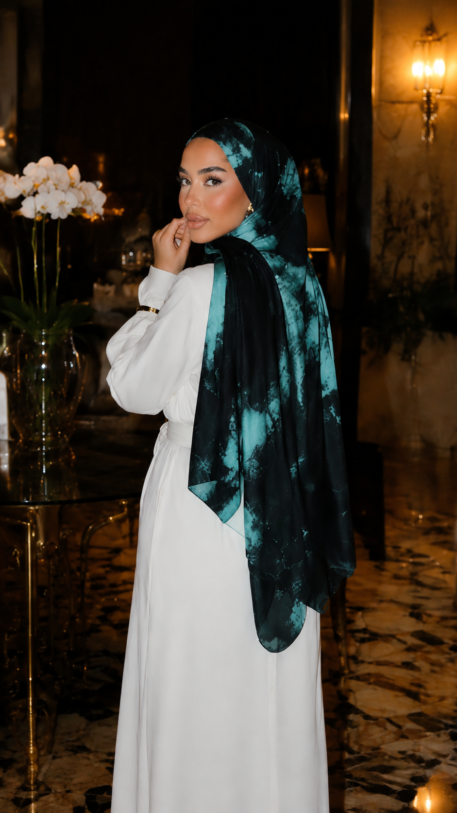 RY118 Navy Blue Teal Aurora Ink Wash Hijab Shawl – Watercolor Women's Head Scarf (80×180cm)