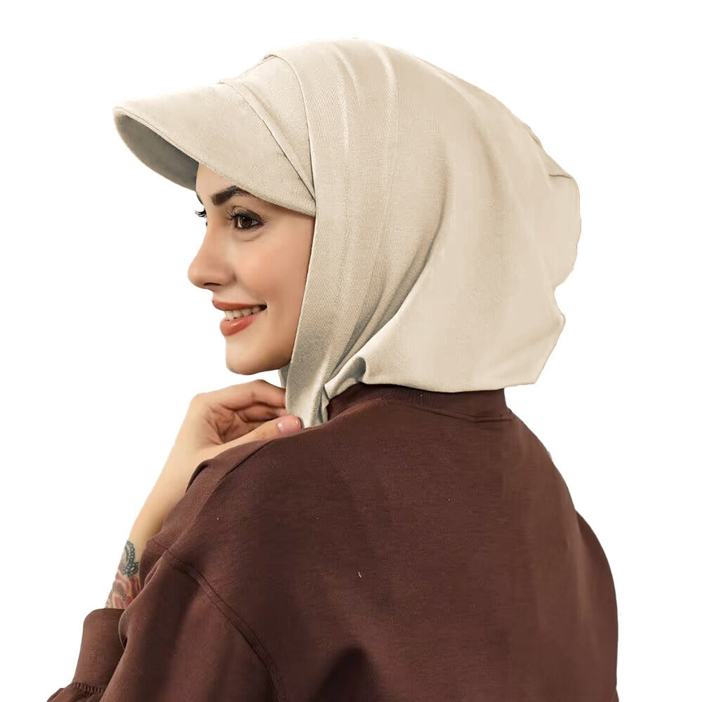 RY206 Modest Full Coverage Hijab Cap with Visor – Beige Neck Cover Headscarf for Muslim Women