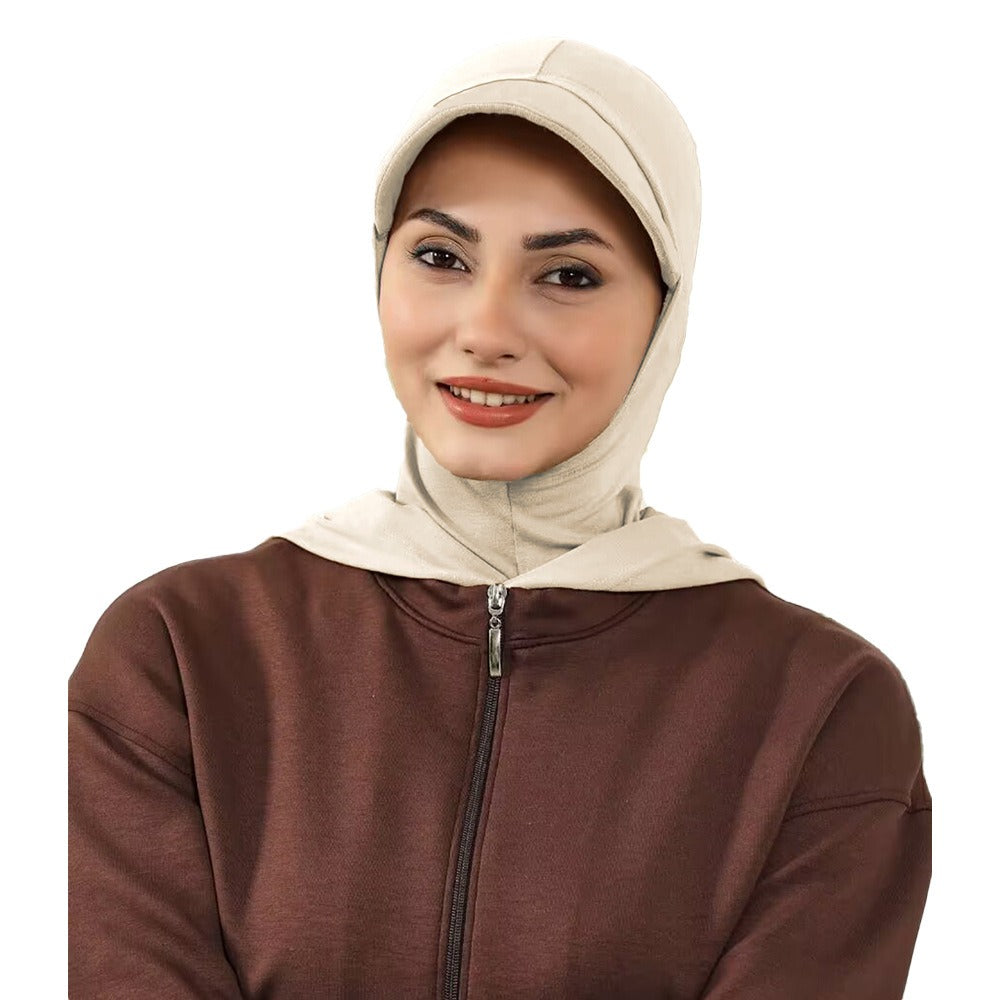 RY206 Modest Full Coverage Hijab Cap with Visor – Beige Neck Cover Headscarf for Muslim Women