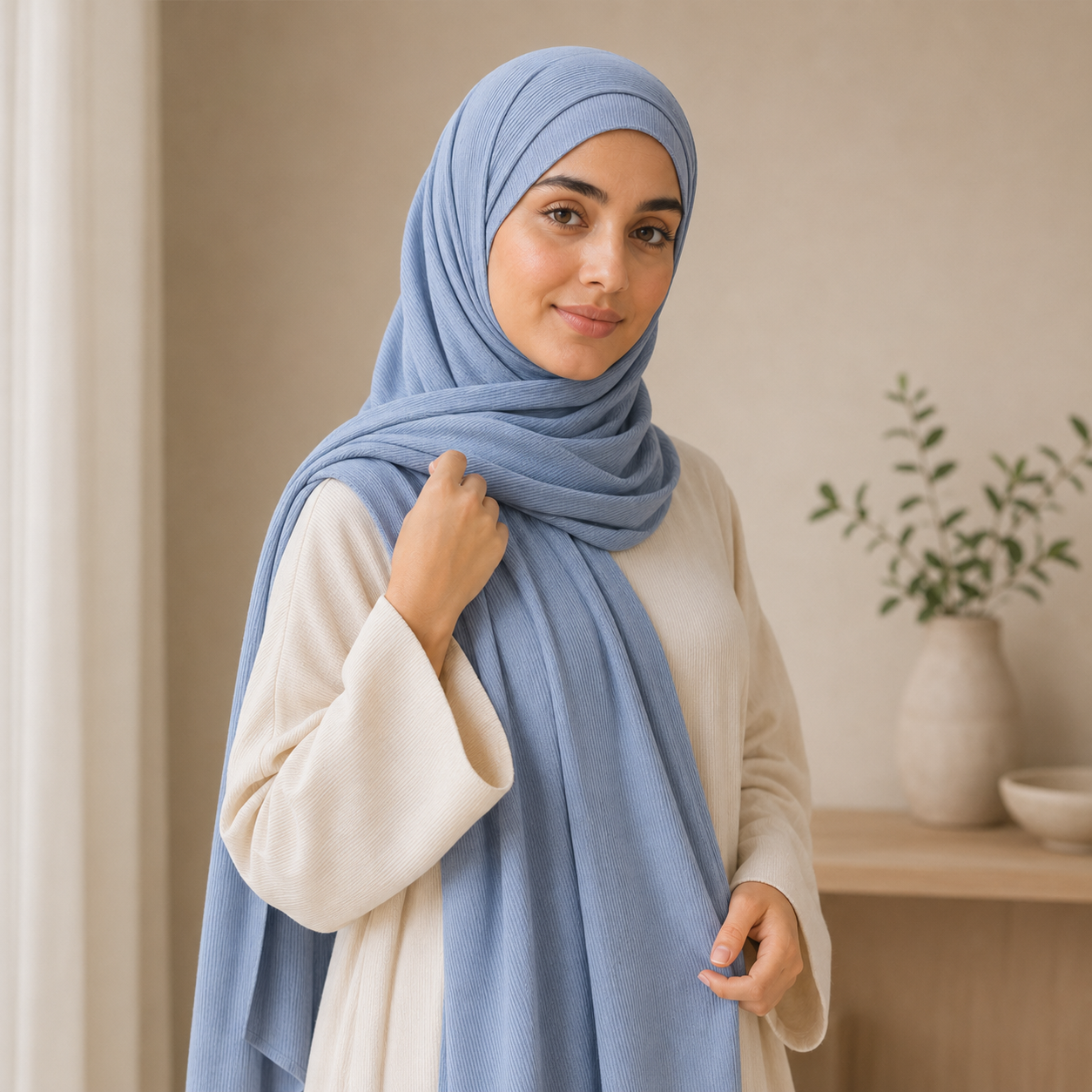 RY226 Powder Blue Cotton Ribbed Jersey Hijab Scarf – Soft Stretch Breathable Headscarf