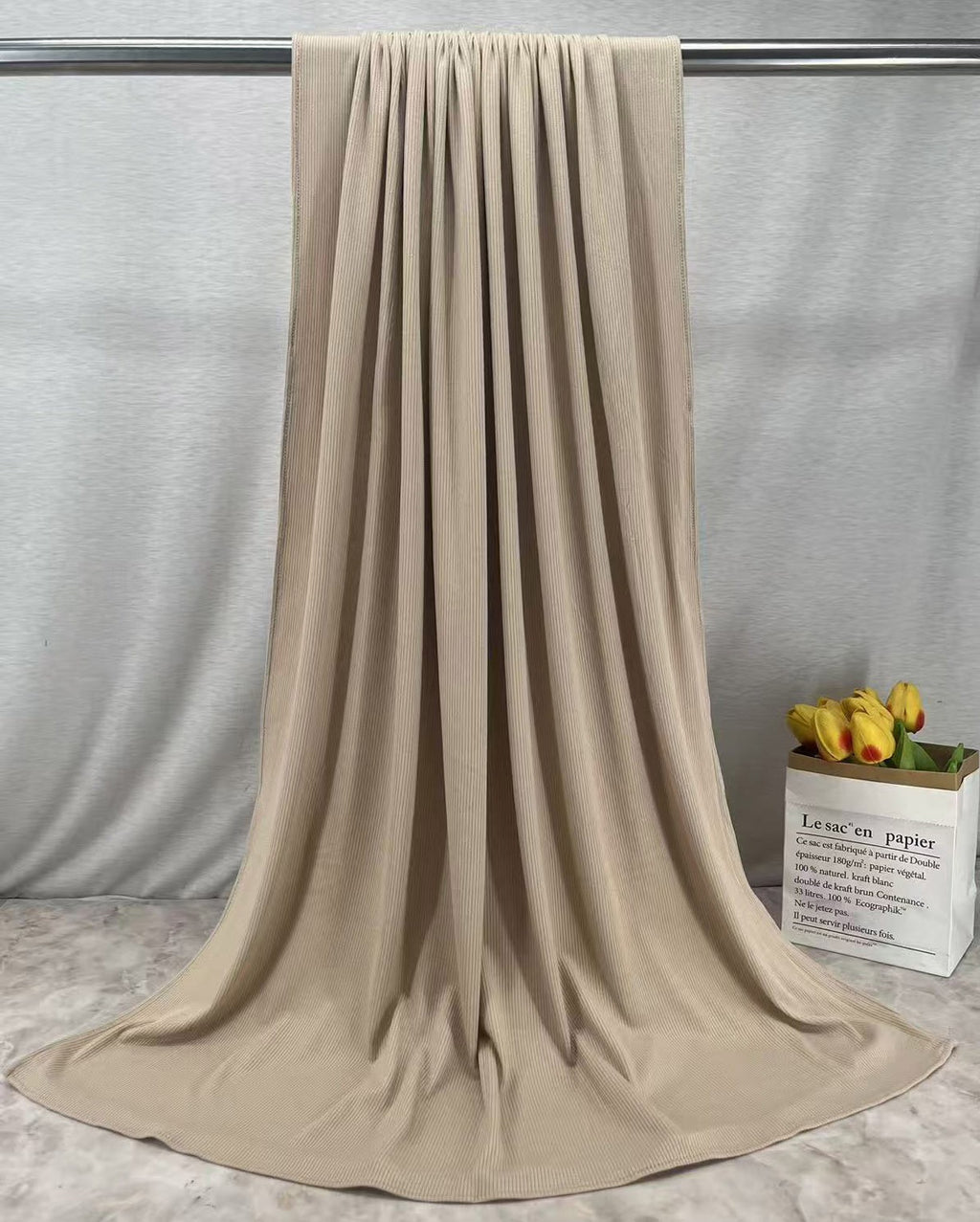 RY218 Taupe Beige Cotton Ribbed Jersey Hijab Scarf – Soft Stretch Breathable Headscarf