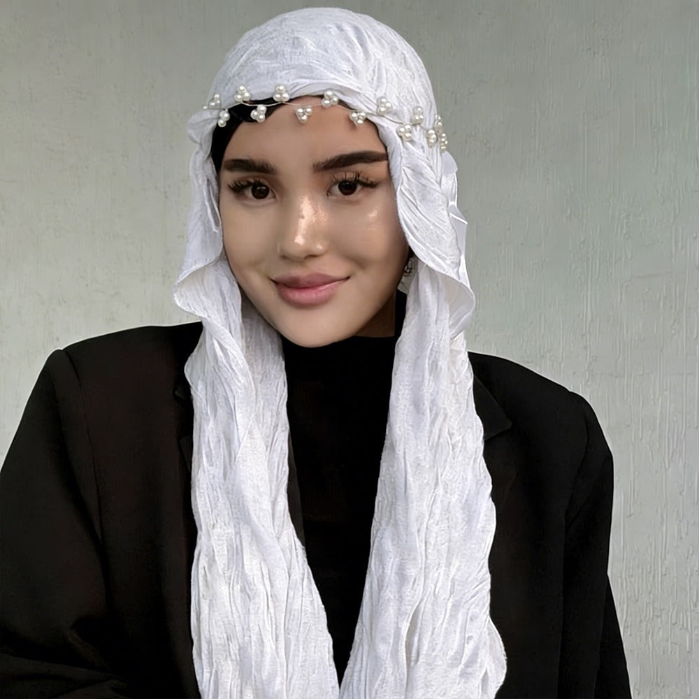 RY304 Pure White Crinkled Tulle Hijab Scarf – Glossy Stretch Breathable Headscarf