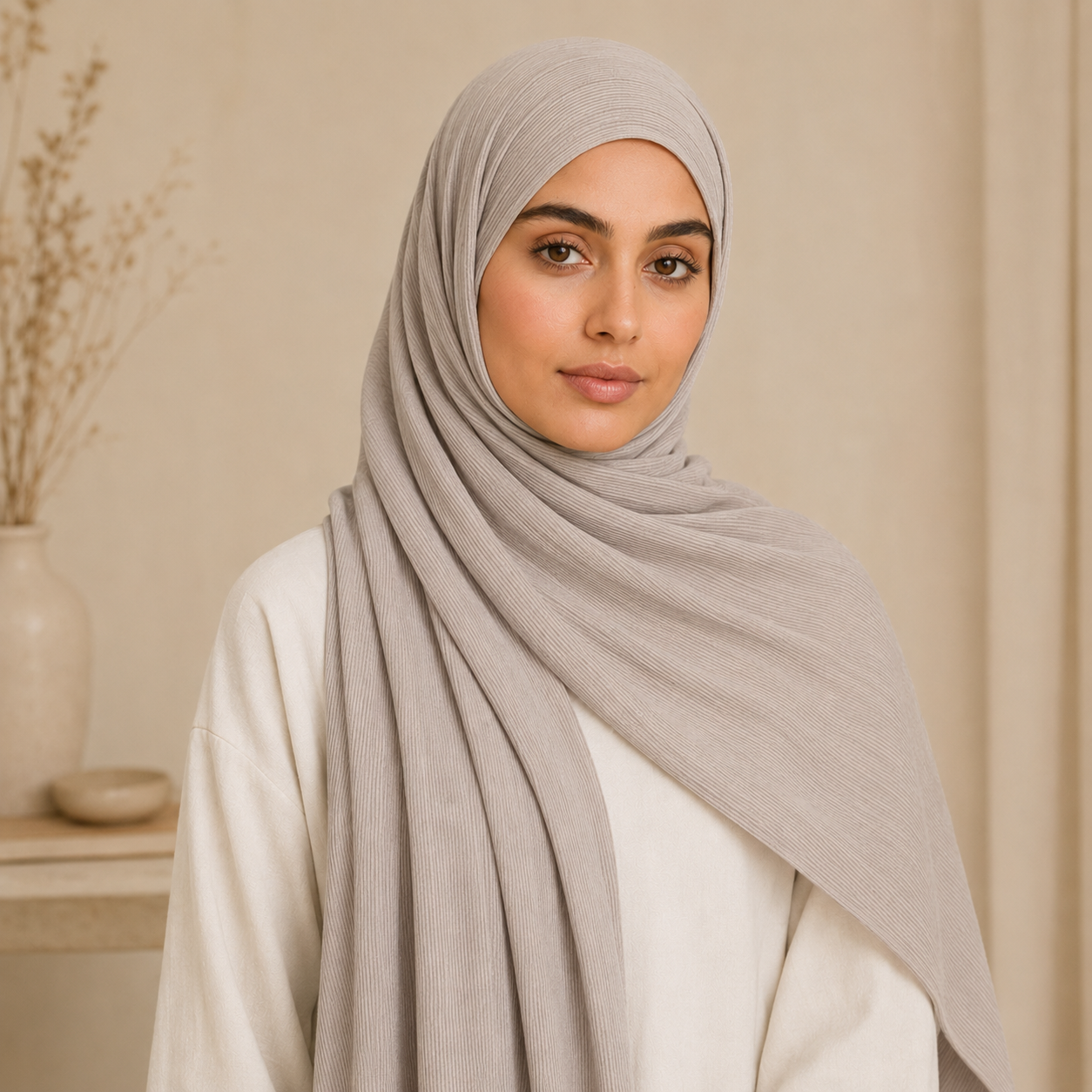 RY219 Stone Grey Cotton Ribbed Jersey Hijab Scarf – Soft Stretch Breathable Headscarf