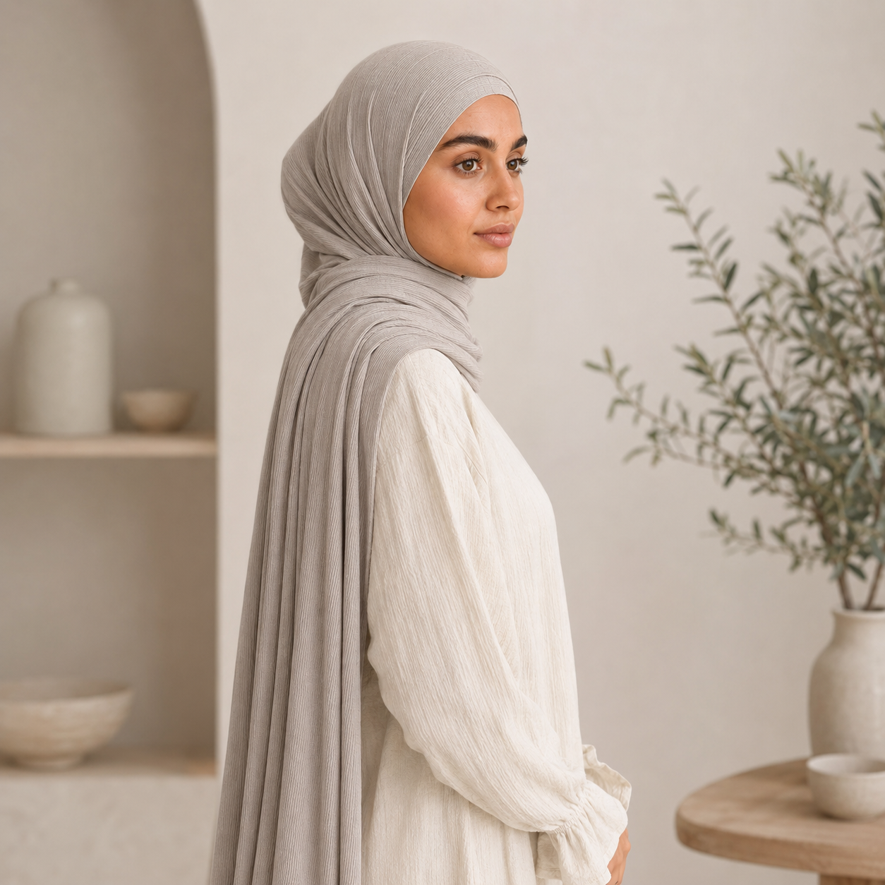 RY219 Stone Grey Cotton Ribbed Jersey Hijab Scarf – Soft Stretch Breathable Headscarf