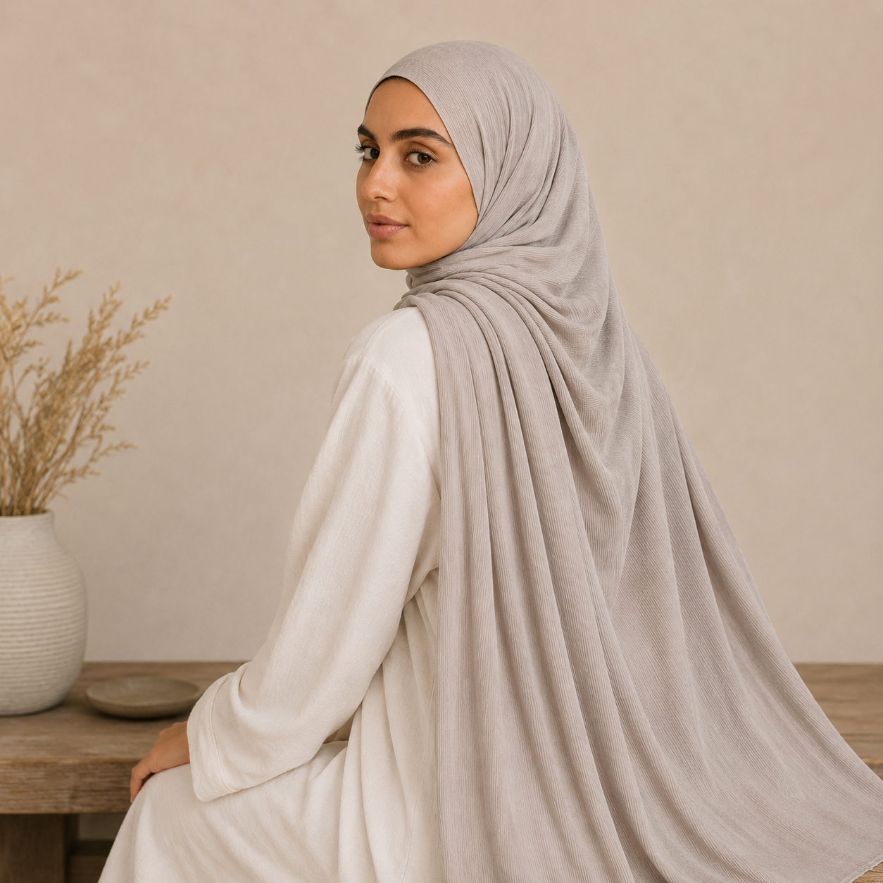 RY219 Stone Grey Cotton Ribbed Jersey Hijab Scarf – Soft Stretch Breathable Headscarf