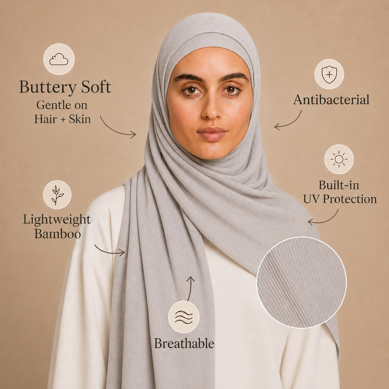 RY220 Light Silver Grey Cotton Ribbed Jersey Hijab Scarf – Soft Stretch Breathable Headscarf