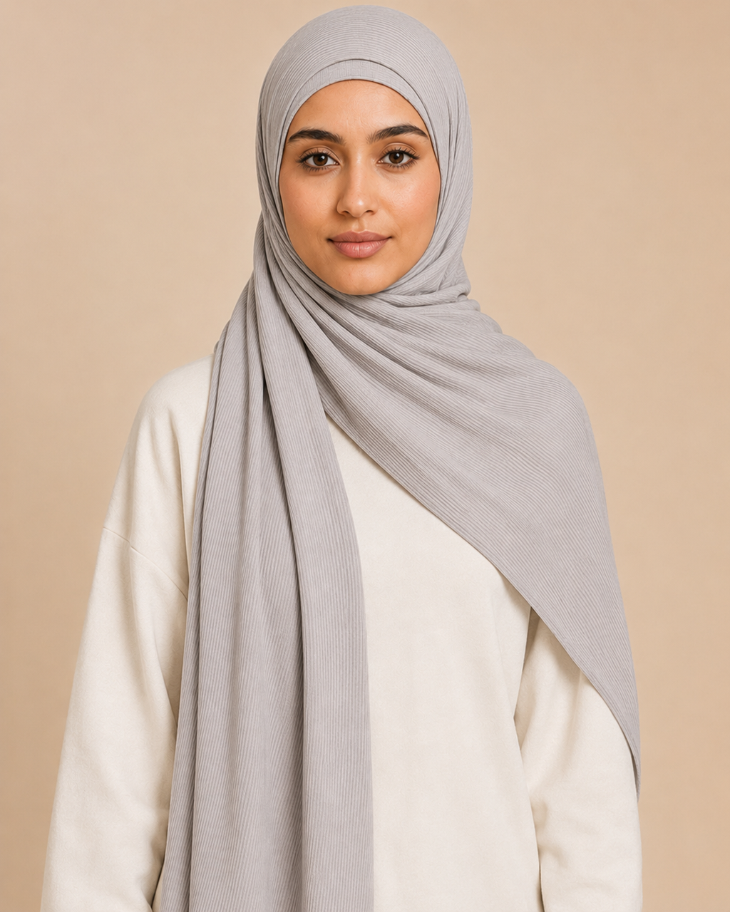 RY220 Light Silver Grey Cotton Ribbed Jersey Hijab Scarf – Soft Stretch Breathable Headscarf