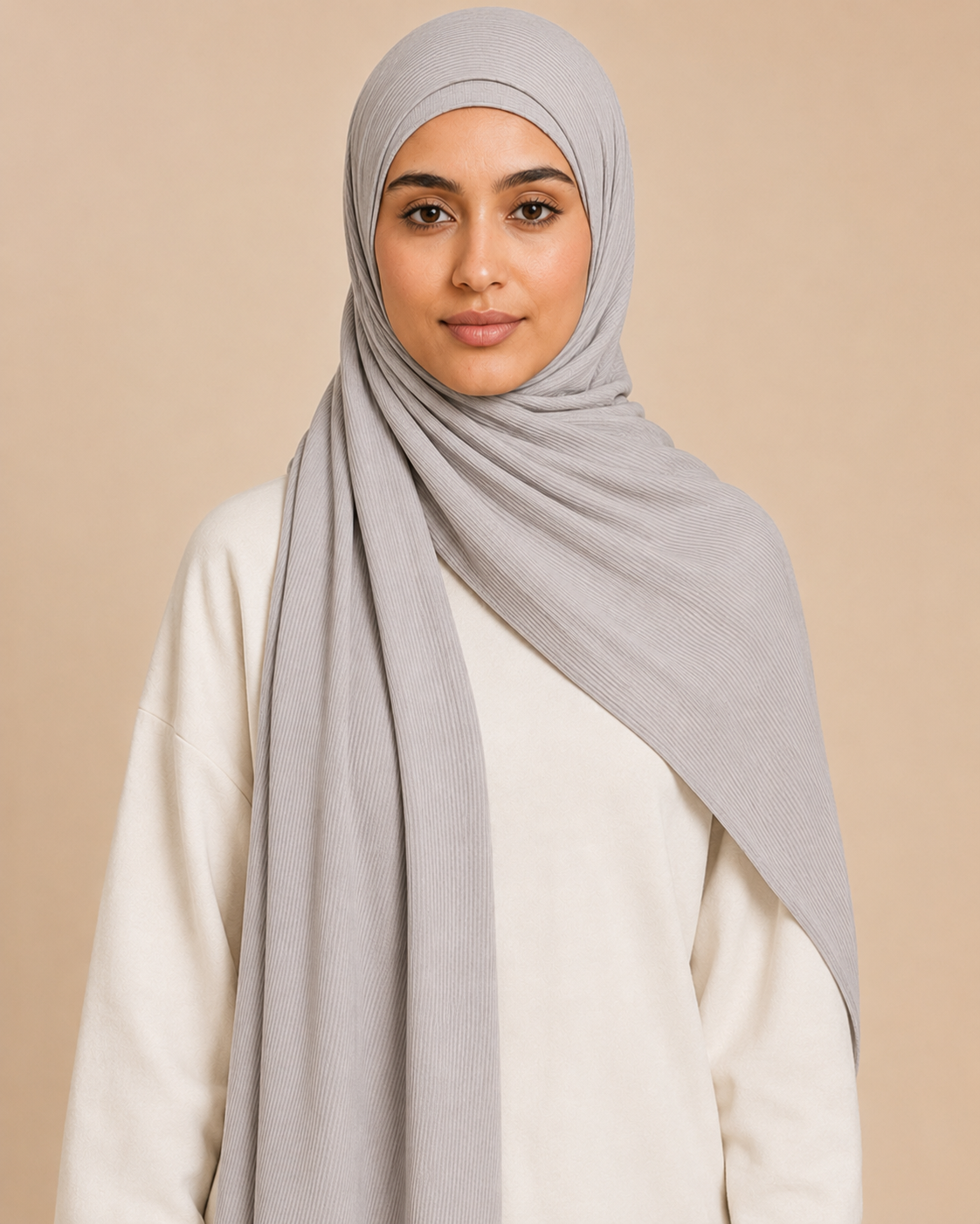 RY220 Light Silver Grey Cotton Ribbed Jersey Hijab Scarf – Soft Stretch Breathable Headscarf