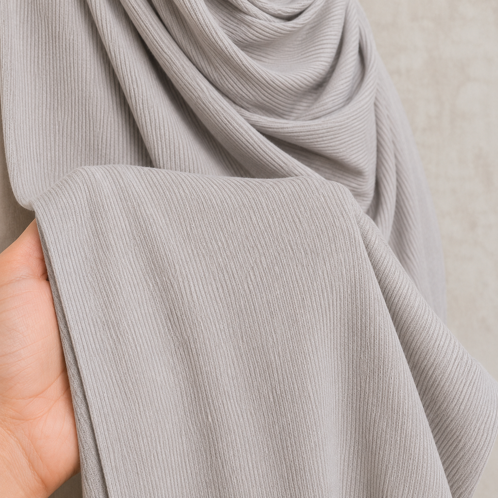 RY220 Light Silver Grey Cotton Ribbed Jersey Hijab Scarf – Soft Stretch Breathable Headscarf