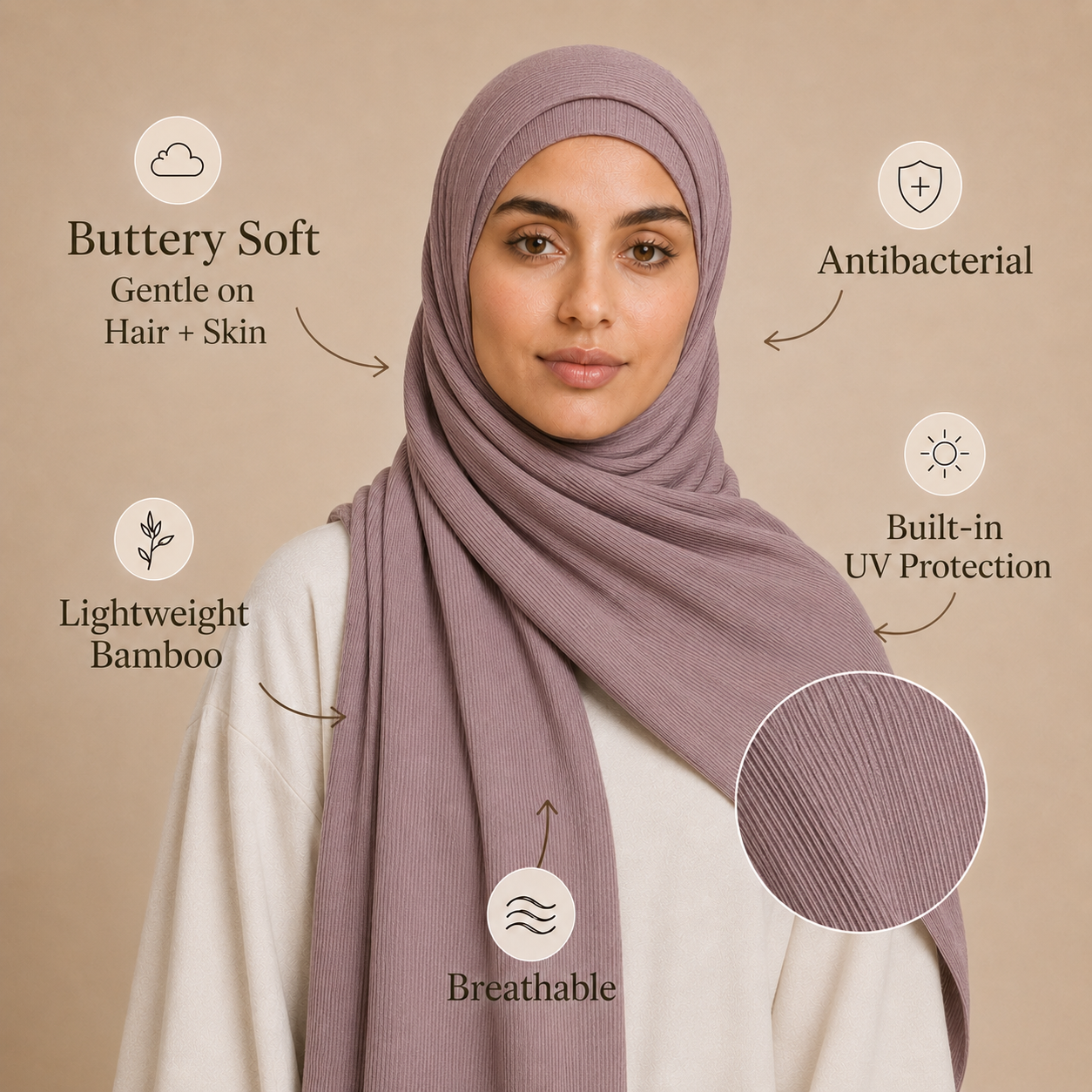 RY223 Dusty Mauve Cotton Ribbed Jersey Hijab Scarf – Soft Stretch Breathable Headscarf
