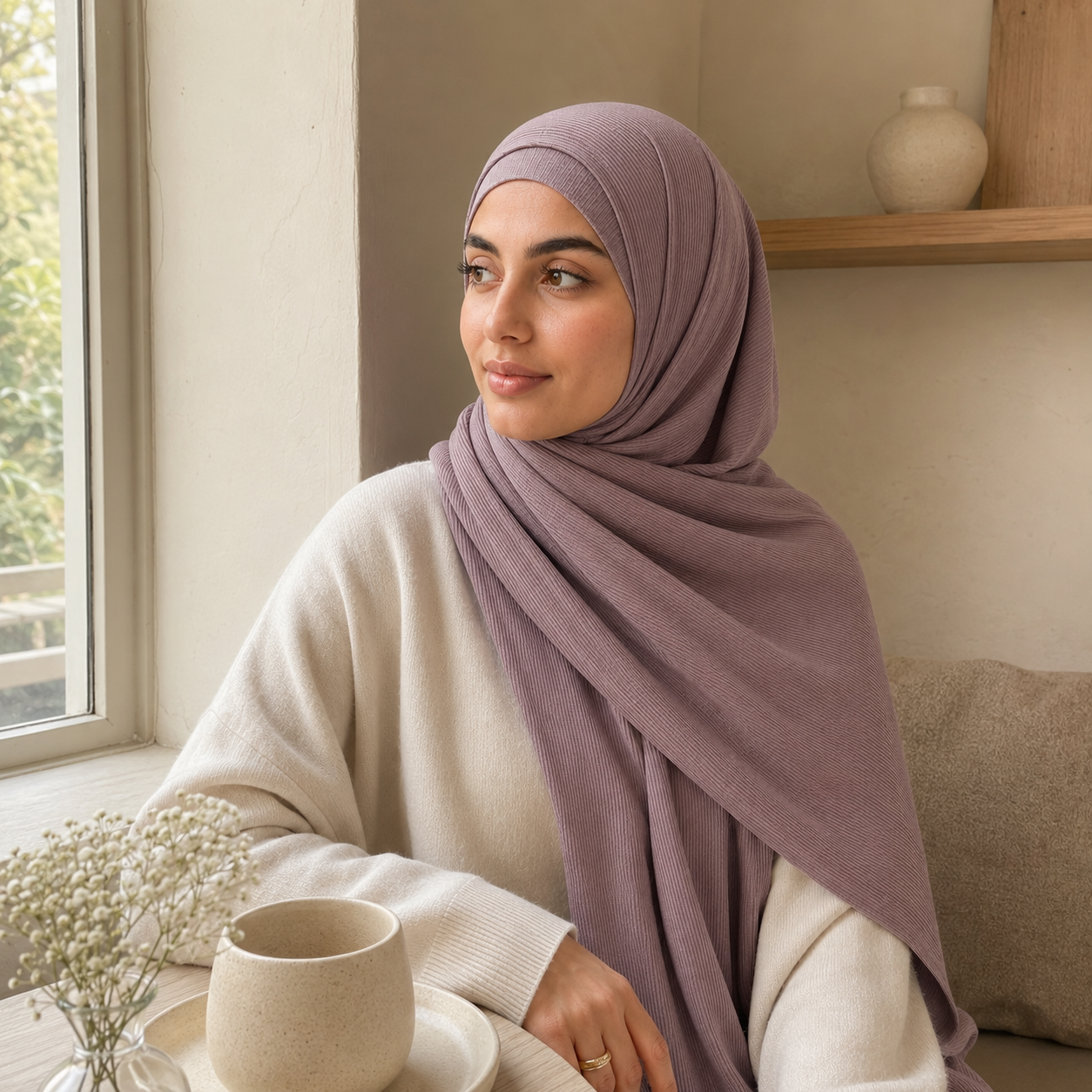RY223 Dusty Mauve Cotton Ribbed Jersey Hijab Scarf – Soft Stretch Breathable Headscarf