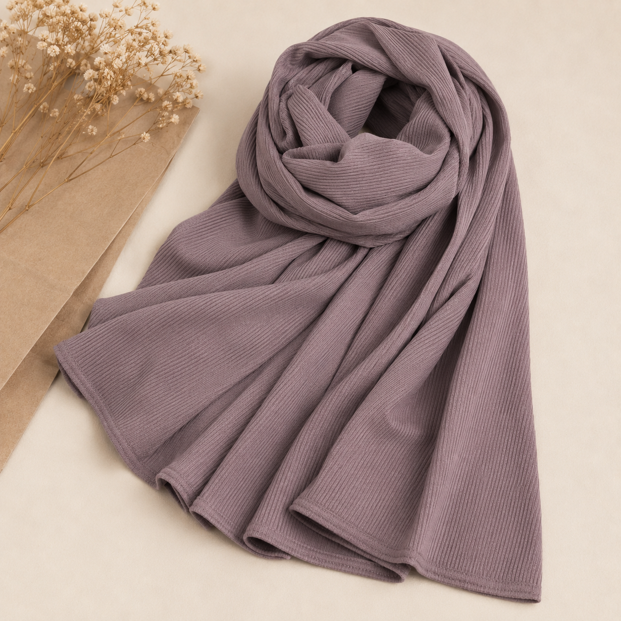 RY223 Dusty Mauve Cotton Ribbed Jersey Hijab Scarf – Soft Stretch Breathable Headscarf