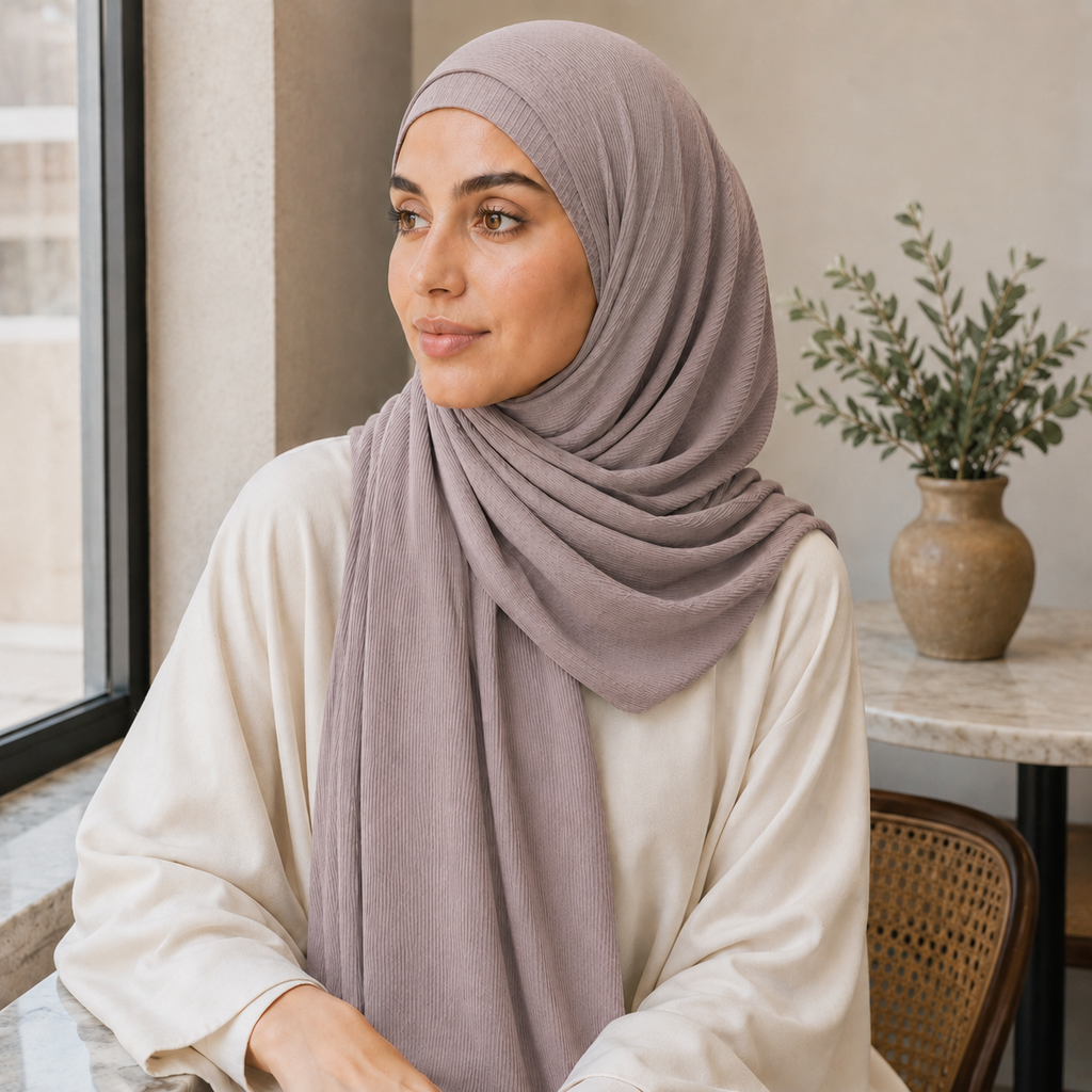 RY225 Mauve Taupe Cotton Ribbed Jersey Hijab Scarf – Soft Stretch Breathable Headscarf