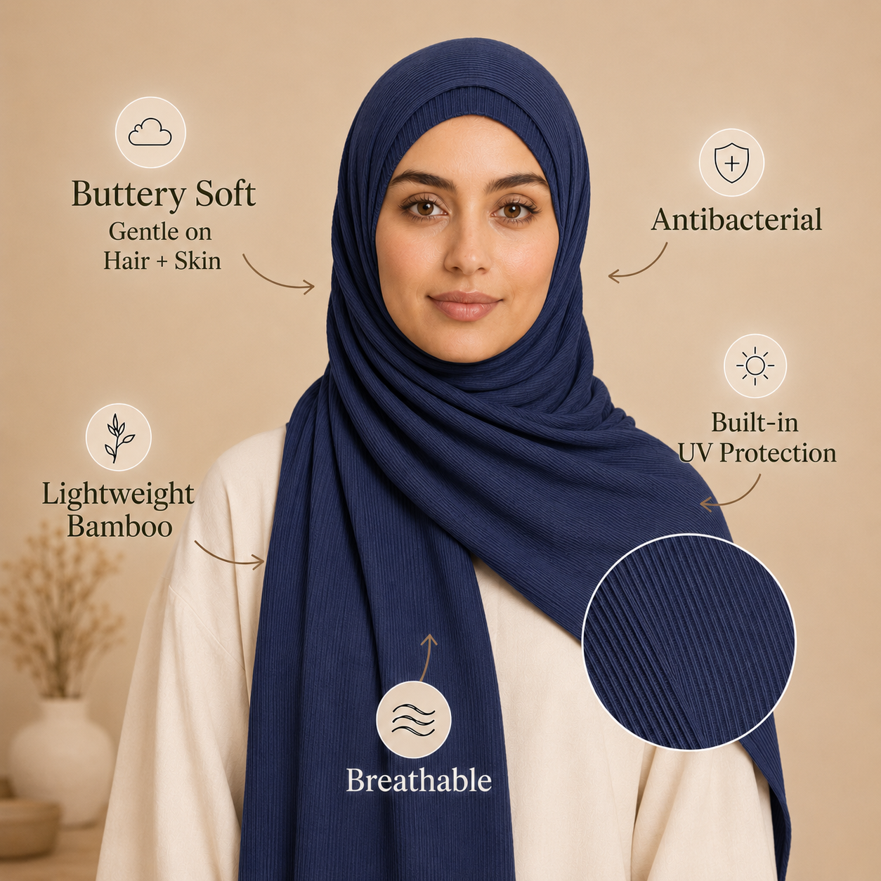 RY229 Midnight Navy Cotton Ribbed Hijab Scarf – Soft Breathable Headscarf