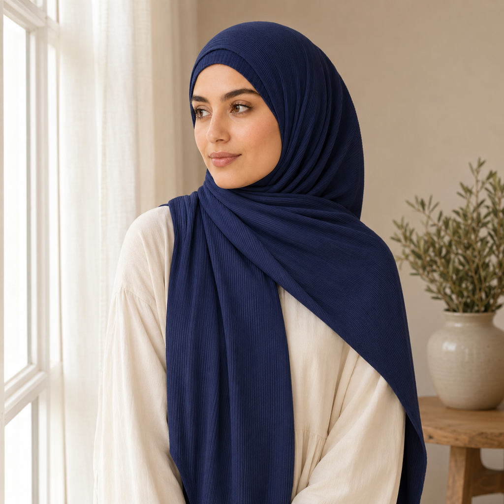 RY229 Midnight Navy Cotton Ribbed Hijab Scarf – Soft Breathable Headscarf