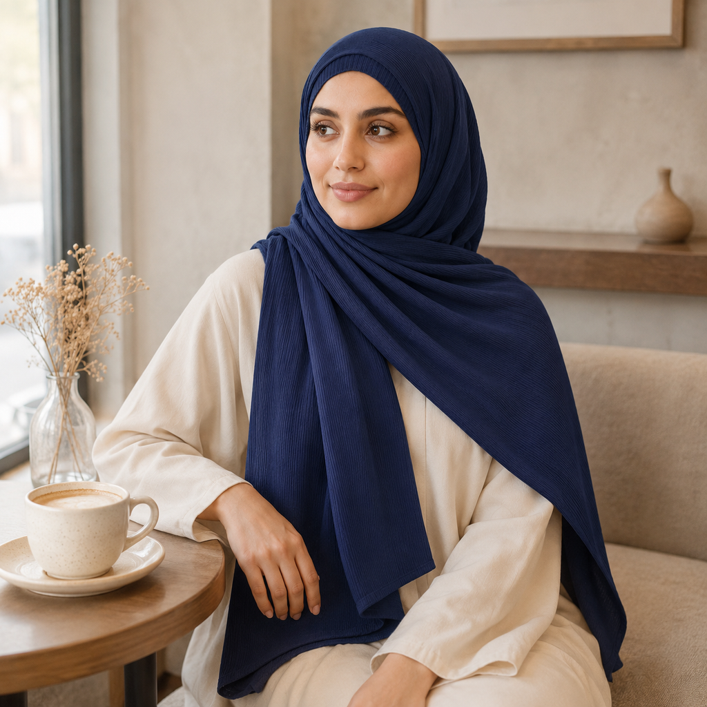 RY229 Midnight Navy Cotton Ribbed Hijab Scarf – Soft Breathable Headscarf