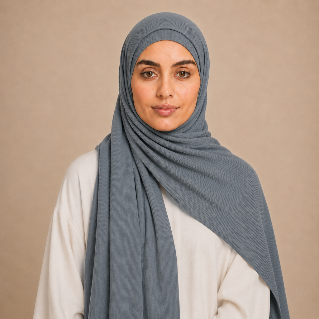 RY230 Slate Blue Grey Cotton Ribbed Jersey Hijab Scarf – Soft Stretch Breathable Headscarf