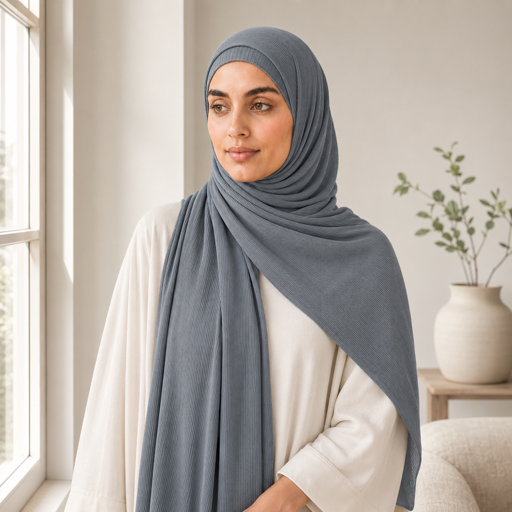 RY230 Slate Blue Grey Cotton Ribbed Jersey Hijab Scarf – Soft Stretch Breathable Headscarf