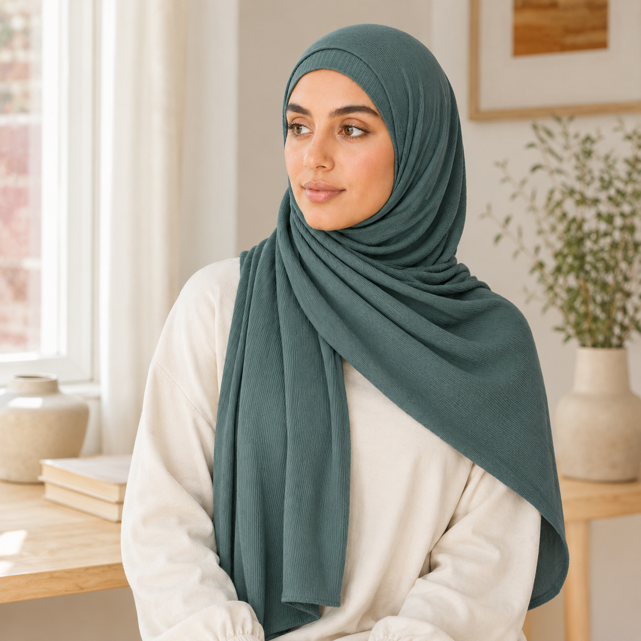RY231 Deep Sage Green Cotton Ribbed Jersey Hijab Scarf – Soft Stretch Breathable Headscarf