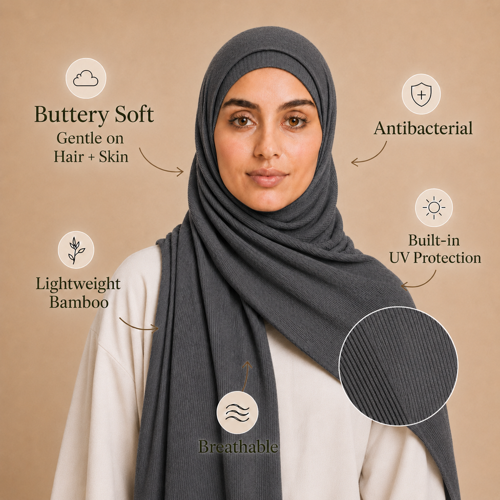 RY234 Charcoal Grey Cotton Ribbed Jersey Hijab Scarf – Soft Stretch Breathable Headscarf
