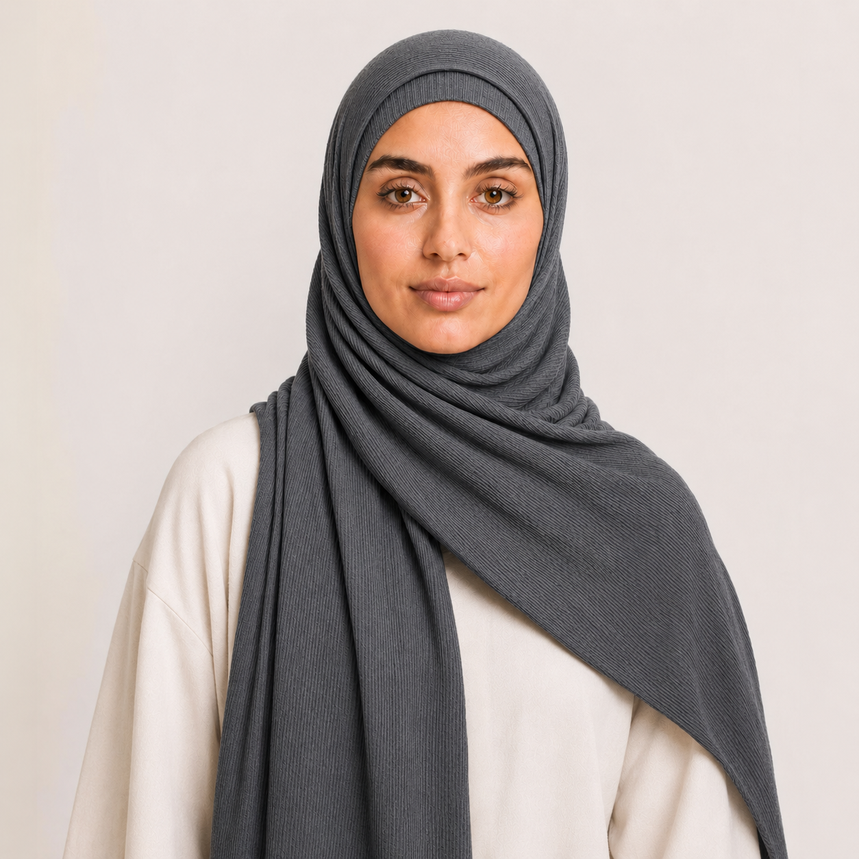 RY234 Charcoal Grey Cotton Ribbed Jersey Hijab Scarf – Soft Stretch Breathable Headscarf