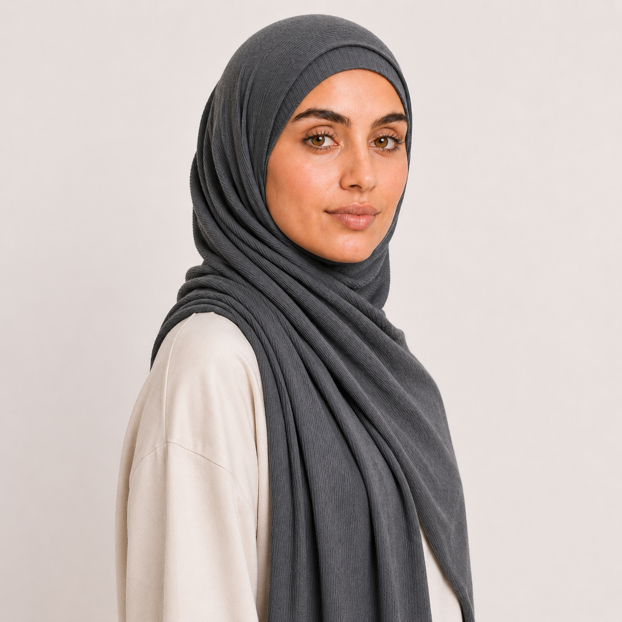 RY234 Charcoal Grey Cotton Ribbed Jersey Hijab Scarf – Soft Stretch Breathable Headscarf