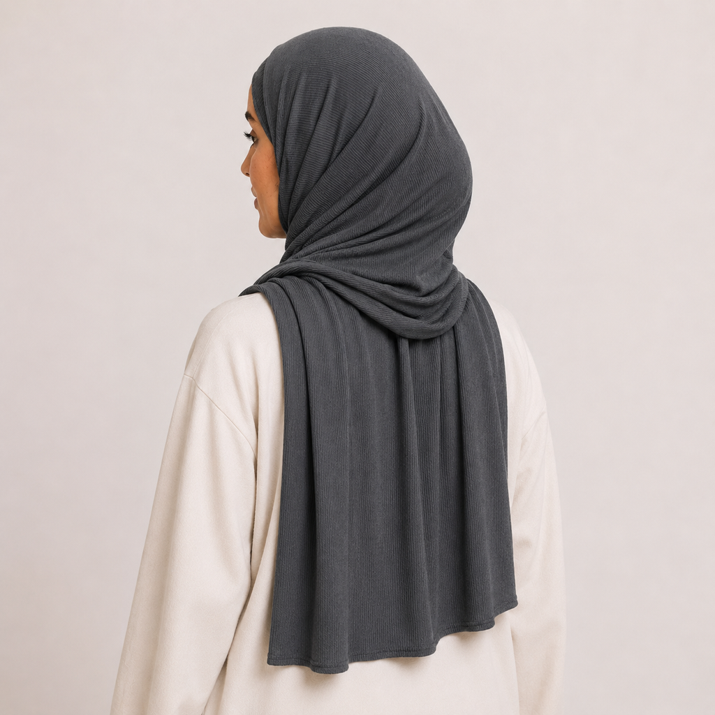 RY234 Charcoal Grey Cotton Ribbed Jersey Hijab Scarf – Soft Stretch Breathable Headscarf