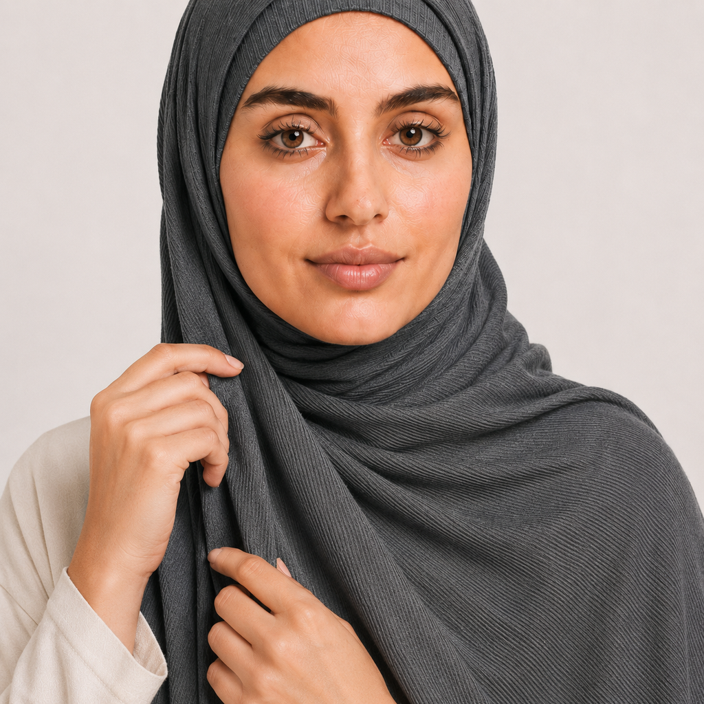 RY234 Charcoal Grey Cotton Ribbed Jersey Hijab Scarf – Soft Stretch Breathable Headscarf